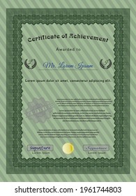 Sample certificate or diploma.  Perfect design.  With background.  Customizable, Easy to edit and change colors.  Green color.