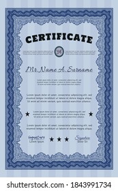 Certificado o diploma de muestra.  Diseño retro.  Fácil de imprimir.  Personalizable, fácil de editar y cambiar los colores.  Color azul.