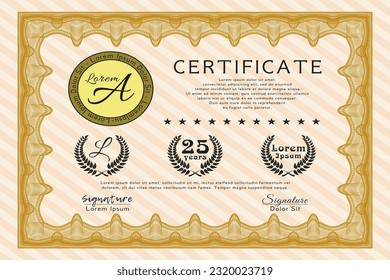 Sample certificate or diploma.  Retro design.  Easy to print.  Vector illustration.  Orange color.