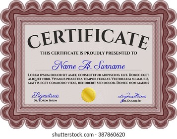 Sample certificate or diploma. Retro design. With complex linear background. Vector certificate template. Red color.