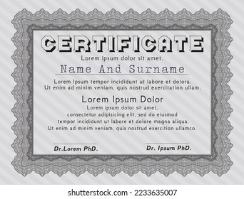 Certificado o diploma de muestra.  Diseño superior.  Fácil de imprimir.  Personalizable, fácil de editar y cambiar los colores.  Color gris.