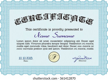 Sample certificate or diploma. Vector illustration.Complex design. With great quality guilloche pattern. 