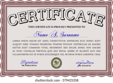 Certificado o diploma de muestra. Plantilla de certificado de vector. Con un fondo lineal complejo. Diseño retro. Color rojo.