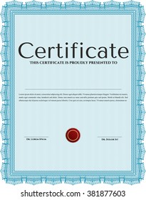 Sample certificate or diploma. Vector certificate template. Retro design. With complex linear background. Light blue color.
