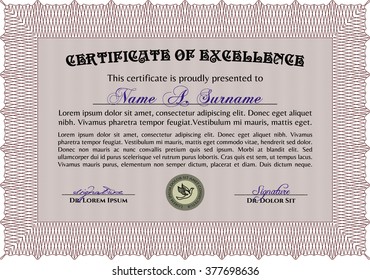 Sample Certificate. Frame certificate template Vector. With linear background. Modern design. Red color.