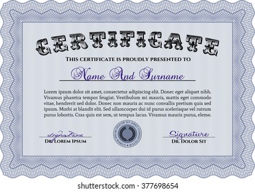 Musterzertifikat Vorlage für Rahmenzertifikate, Vektorgrafik. Mit linearem Hintergrund. Modernes Design. Blau.