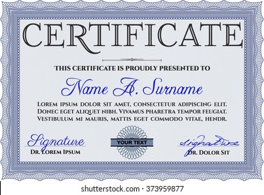 Sample Certificate. With linear background. Frame certificate template Vector. Modern design. Blue color.