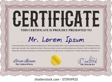 Sample Certificate. With linear background. Frame certificate template Vector. Modern design. Red color.