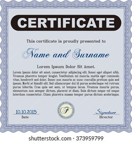 Sample Certificate. With linear background. Modern design. Frame certificate template Vector. Blue color.