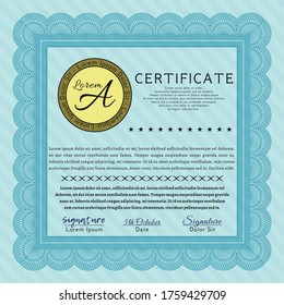 Sample Certificate.  Modern design.  With guilloche pattern and background.  Detailed.  Light blue color.