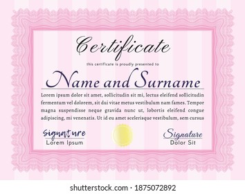 Sample Certificate.  Money Pattern design.  With complex background.  Customizable, Easy to edit and change colors.  Pink color.