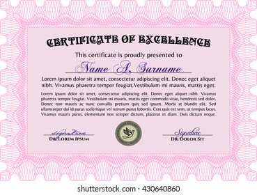 Sample Certificate. With quality background. Vector pattern that is used in money and certificate. Artistry design. Pink color.