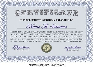 Sample Certificate. Retro design. With great quality guilloche pattern. Money style.