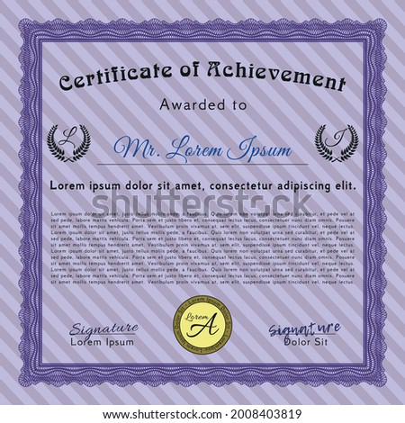 Sample Certificate.  Sophisticated design.  With great quality guilloche pattern.  Detailed.  Violet color.