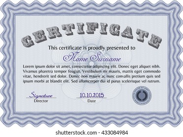 Sample Certificate. Vector pattern that is used in money and certificate. Artistry design. With quality background. Blue color.
