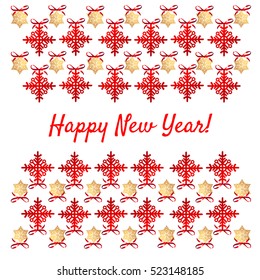 Sample of the Christmas poster with red snowflakes and gold stars, party invitation, wrapping paper and other cards. Vector illustration.