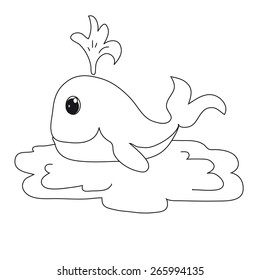 The sample for coloring. The image of a whale with a fountain of water on white background