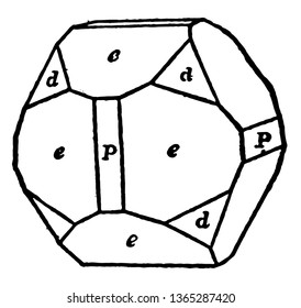 the sample combination of pentagonal dodecahedron, cube, octahedron with triangles, rectangular, vintage line drawing or engraving illustration.
