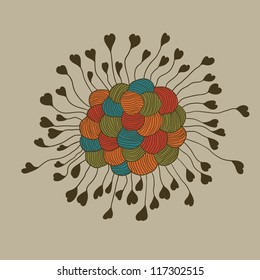 Sample cute romantic vintage greeting card with stylized flowers, round decorative elements and place for your text. Template with text frame for design and decoration