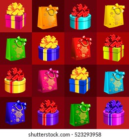 Sample design of placard with attributes of the New Year and Christmas. Sketch of the poster, party invitation and other cards. Vector illustration.