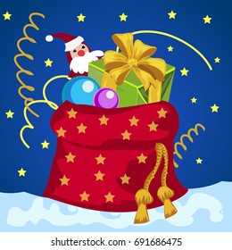 Sample design of placard with attributes of New Year and Christmas. Sketch of poster, party invitation and card. Bag of gifts tied with yellow rope with tassels. Vector cartoon close-up illustration.