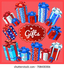 Sample design of placard with attributes of New Year and Christmas. Sketch of poster, party invitation and other cards with gift boxes isolated on pink background with white polka dot. Vector cartoon.