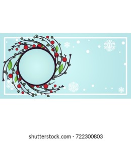 Sample design of placard with attributes of New Year and Christmas. Sketch of poster, party invitation and other cards with with a wreath of twigs and snowflakes. Vector cartoon close-up illustration.
