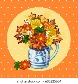 Sample design of placard with cute bouquet of dried flowers on polka dot background. Sketch of poster, postcard, cover, banner. Template card on nature theme in autumn. Vector cartoon close-up.