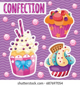 Sample design of placard with cute funny pastry and confections. Sketch of the poster, banner, placard, broadsheet and other cards. Vector cartoon close-up illustration.