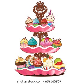 Sample design of placard with cute funny tiered tray with pastry and confections. Sketch of the poster, banner, placard, broadsheet and other card. Vector cartoon close-up illustration.