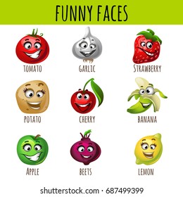Sample design of placard with cute set of funny faces in form of vegetables, fruits and berries isolated on white background. Sketch of the poster and other cards. Vector cartoon close-up illustration