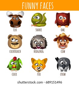 Sample design of placard with cute set of funny faces of animals. Sketch of poster, printing on fabric and cards in child style. Colorful set of muzzles of animals for kids. Vector cartoon close-up.