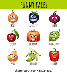 Sample design of placard with cute set of funny faces in form of vegetables, fruits and berries isolated on white background. Sketch of the poster and other cards. Vector cartoon close-up illustration