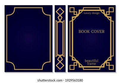 Sample design template for Book cover and spine. Gold Old frames. Art Deco geometric Brochure design. Abstract pattern. Presentation cover. Vector illustration.