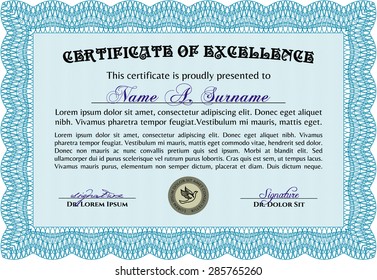 Sample Diploma. Complex background. Retro design. Border, frame.
