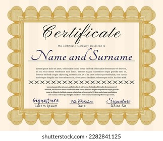Sample Diploma.  Cordial design.  With complex background.    Orange color.