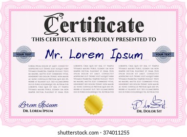 Sample Diploma. Elegant design. Frame certificate template Vector. With linear background. Pink color.