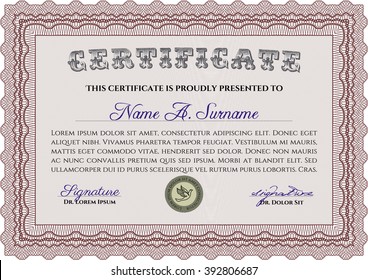 Sample Diploma. Elegant design. Frame certificate template Vector. With linear background. Red color.