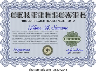 Sample Diploma. Frame certificate template Vector. With linear background. Elegant design. Blue color.