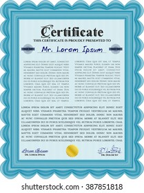 Sample Diploma. Frame certificate template Vector. With linear background. Modern design. Light blue color.