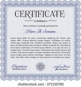 Beispiel Diploma. Modernes Design. Vorlage für Rahmenzertifikate, Vektorgrafik. Mit linearem Hintergrund. Blau.