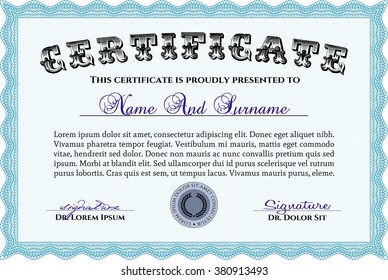 Sample Diploma. Modern design. With linear background. Frame certificate template Vector. Light blue color.