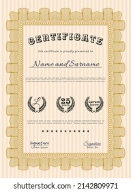 Sample Diploma.  Money style design.  With complex linear background.  Detailed.  Orange color.