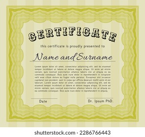 Sample Diploma.  Perfect design.  With linear background.  Detailed.  Yellow color.