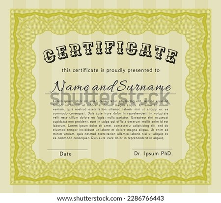 Sample Diploma.  Perfect design.  With linear background.  Detailed.  Yellow color.