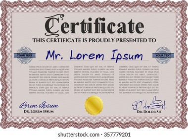 Sample Diploma. Retro design. With complex linear background. Money style.