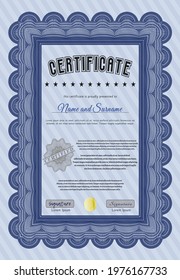 Sample Diploma.  Retro design.  Printer friendly.  Detailed.  Blue color.