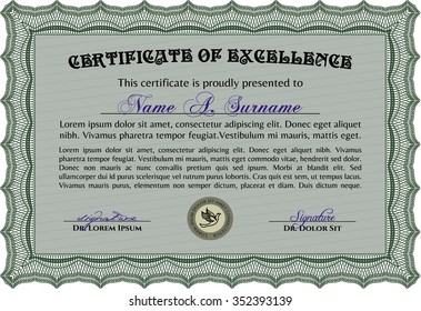 Sample Diploma. Vector certificate template.Cordial design. With great quality guilloche pattern. 