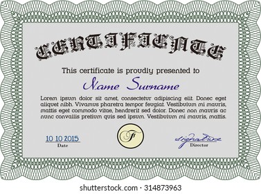 Sample Diploma. Vector certificate template.With guilloche pattern. Retro design. 