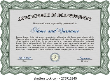 Sample Diploma. Vector illustration.Artistry design. With guilloche pattern and background. 